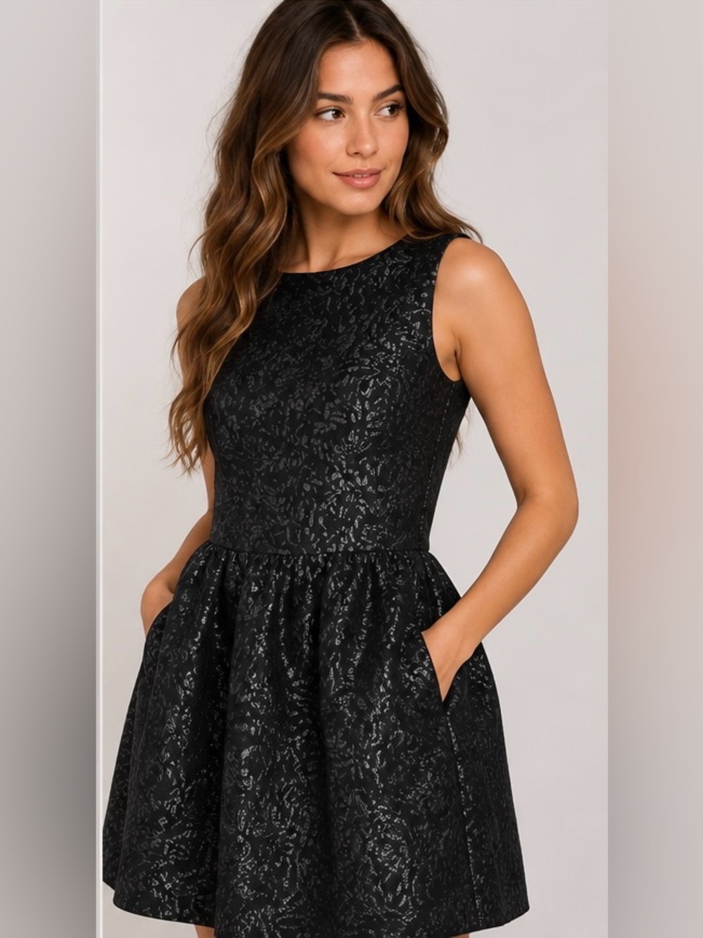 Armani Exchange Black Metallic Jacquard Fit & Flare Cocktail Dress Sz 10